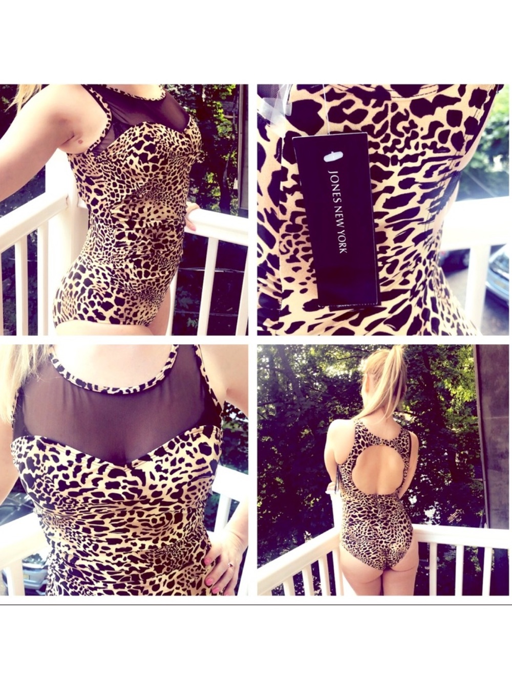 Jones New York Leopard Mesh-Accent Bathingsuit - Black & Tan